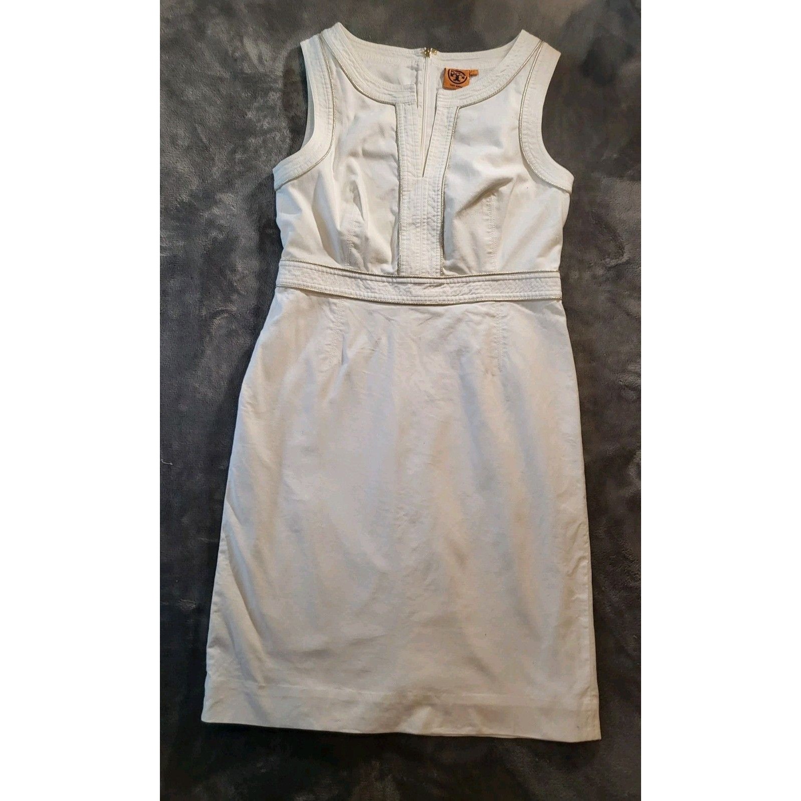 Tory Burch Sheath Dress Womens Size 12 White Silver Piping Quiet Luxury